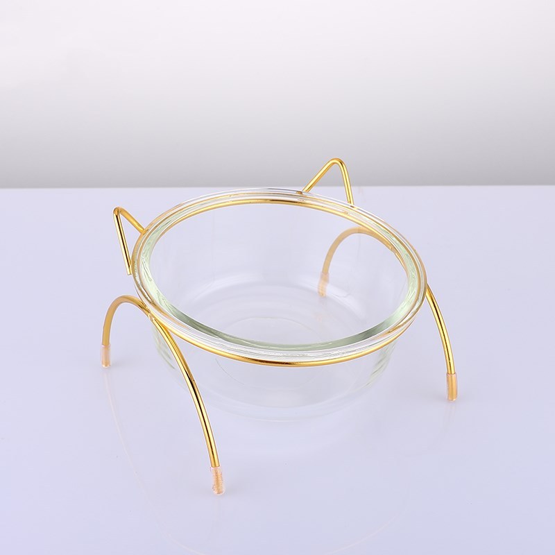 HKM-959635 Elegant Cat Glass Bowl with Iron Stand for Small and Medium Pets