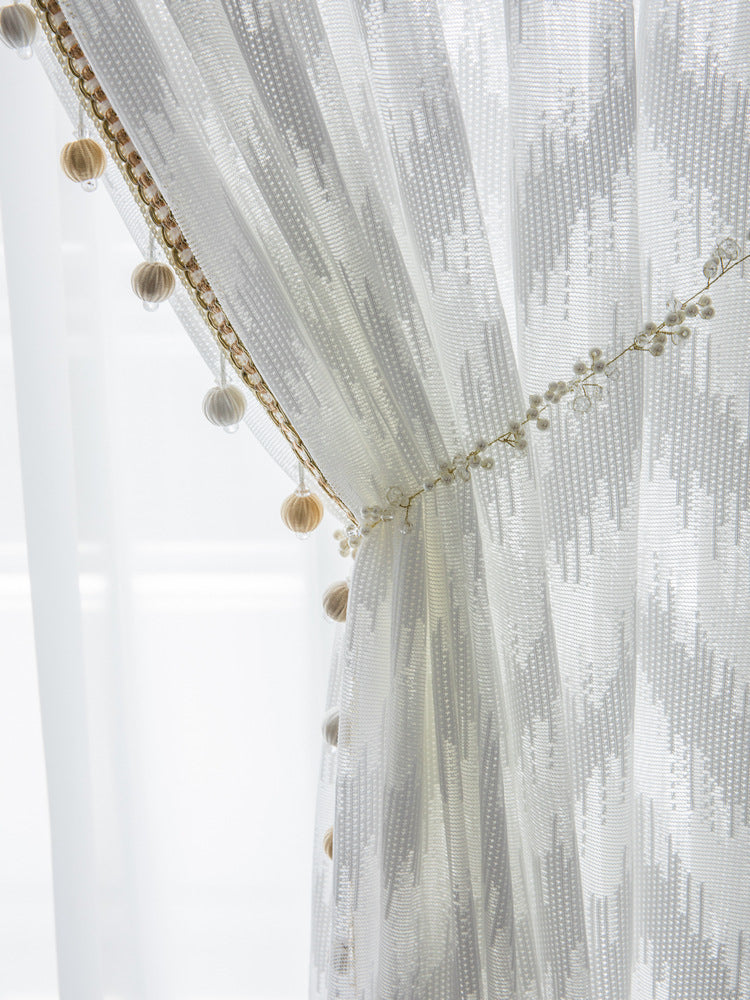 HKM-959827 Light Luxury Pure Color Curtain with Golden Beads - Polyester Fabric, Customized Per Meter