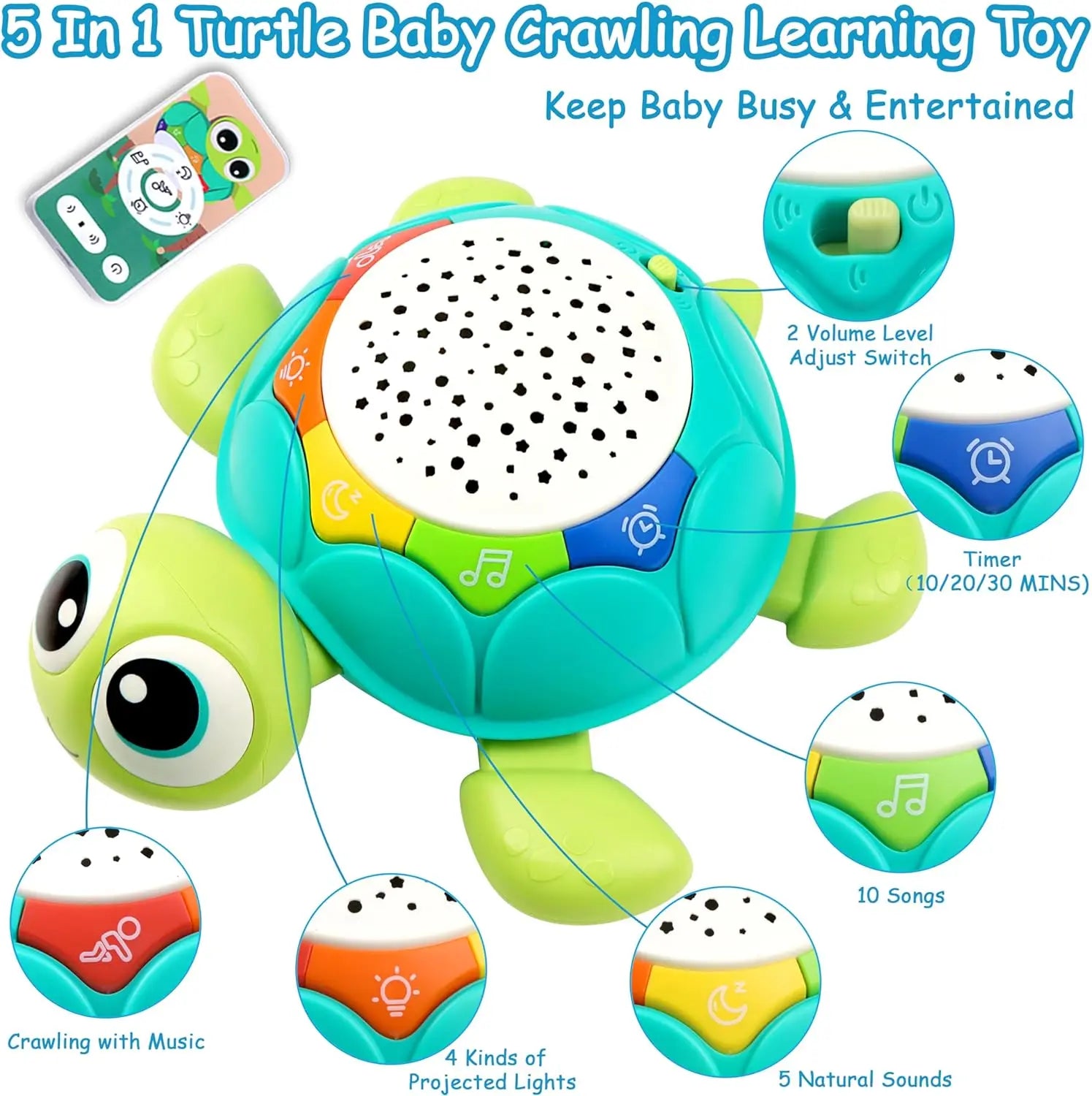 HKM-960083 Musical Projector Turtle Crawling Toy for Infants and Toddlers - 5 Functions Educational Plastic Toy