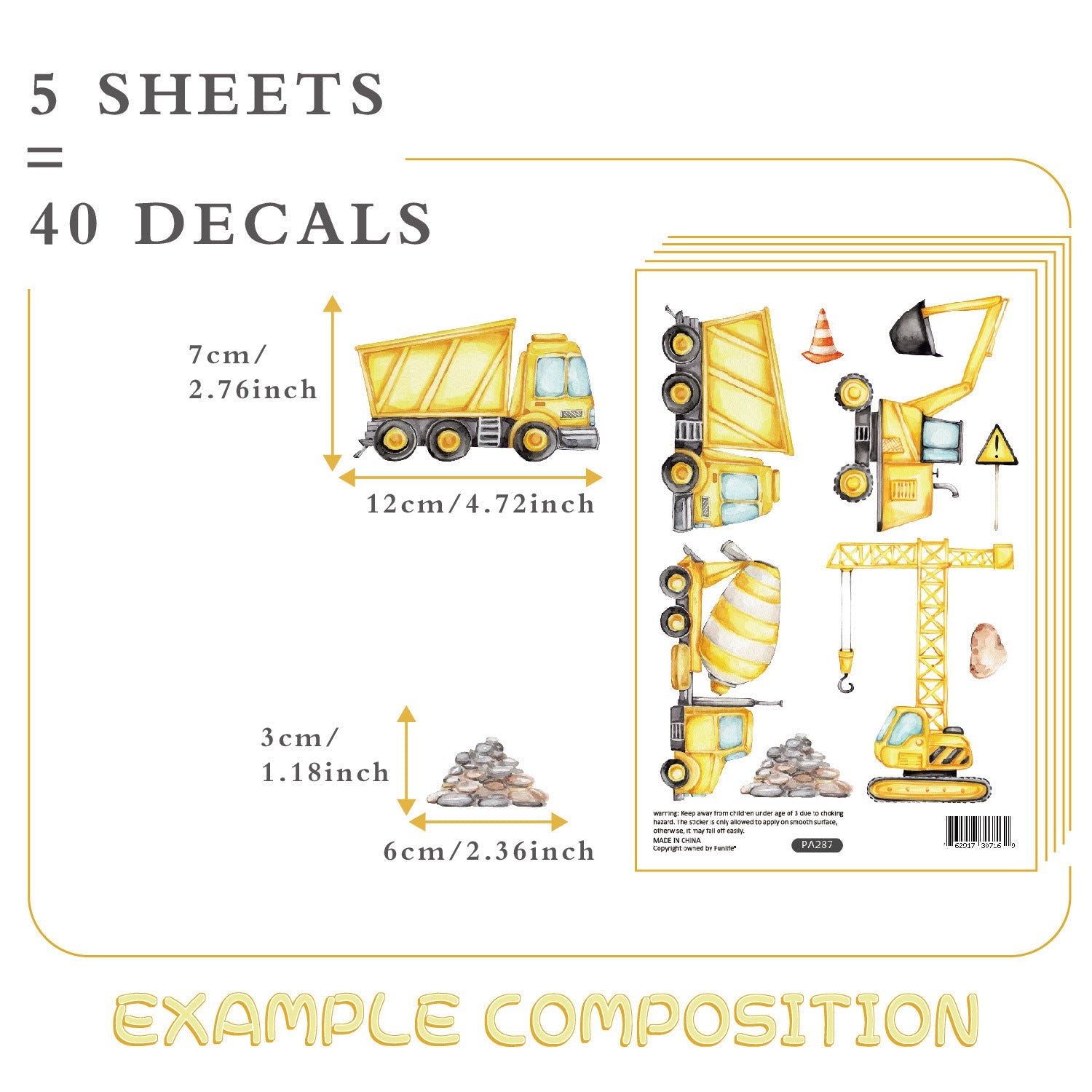 HKM-960211 Self-Adhesive Cartoon Excavator Truck Wall Stickers for Kids' Room - Set of 5 Pieces