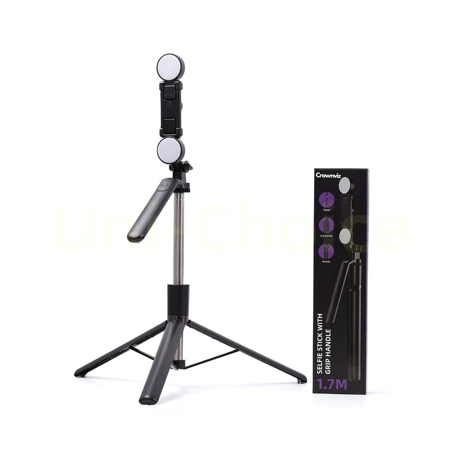 HKM-961683 Extendable Selfie Stick Tripod with Dual Ring Lights for Enhanced Lighting and Stability
