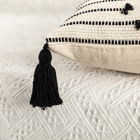 HKM-961811 Bohemian Moroccan Fringe Pillowcase in White and Black | Embroidered Nordic Design, Linen/Cotton Blend