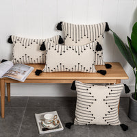 HKM-961811 Bohemian Moroccan Fringe Pillowcase in White and Black | Embroidered Nordic Design, Linen/Cotton Blend