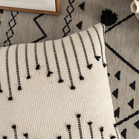 HKM-961811 Bohemian Moroccan Fringe Pillowcase in White and Black | Embroidered Nordic Design, Linen/Cotton Blend