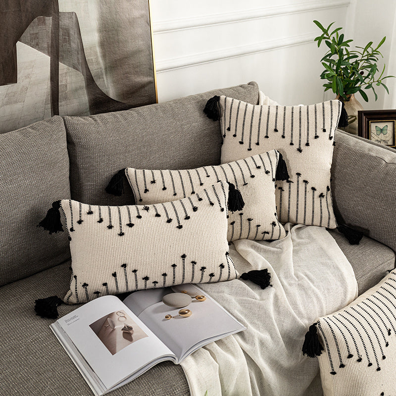 HKM-961811 Bohemian Moroccan Fringe Pillowcase in White and Black | Embroidered Nordic Design, Linen/Cotton Blend
