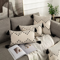 HKM-961811 Bohemian Moroccan Fringe Pillowcase in White and Black | Embroidered Nordic Design, Linen/Cotton Blend