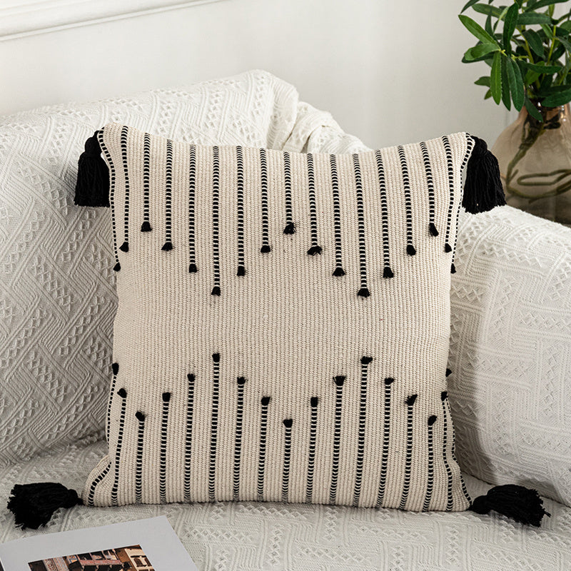 HKM-961811 Bohemian Moroccan Fringe Pillowcase in White and Black | Embroidered Nordic Design, Linen/Cotton Blend