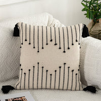 HKM-961811 Bohemian Moroccan Fringe Pillowcase in White and Black | Embroidered Nordic Design, Linen/Cotton Blend