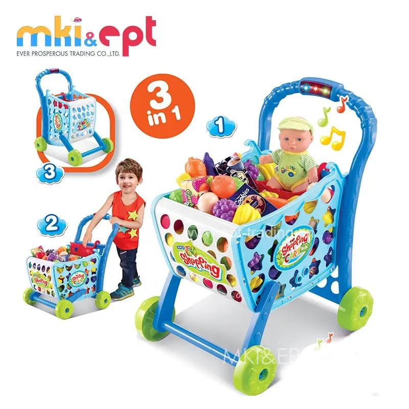 KTX-962259 Kids Shopping Cart Playset with Electronic Toy Cash Register - Supermarket Trolley for Pretend Play