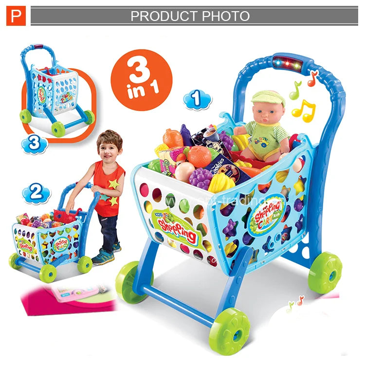 KTX-962259 Kids Shopping Cart Playset with Electronic Toy Cash Register - Supermarket Trolley for Pretend Play