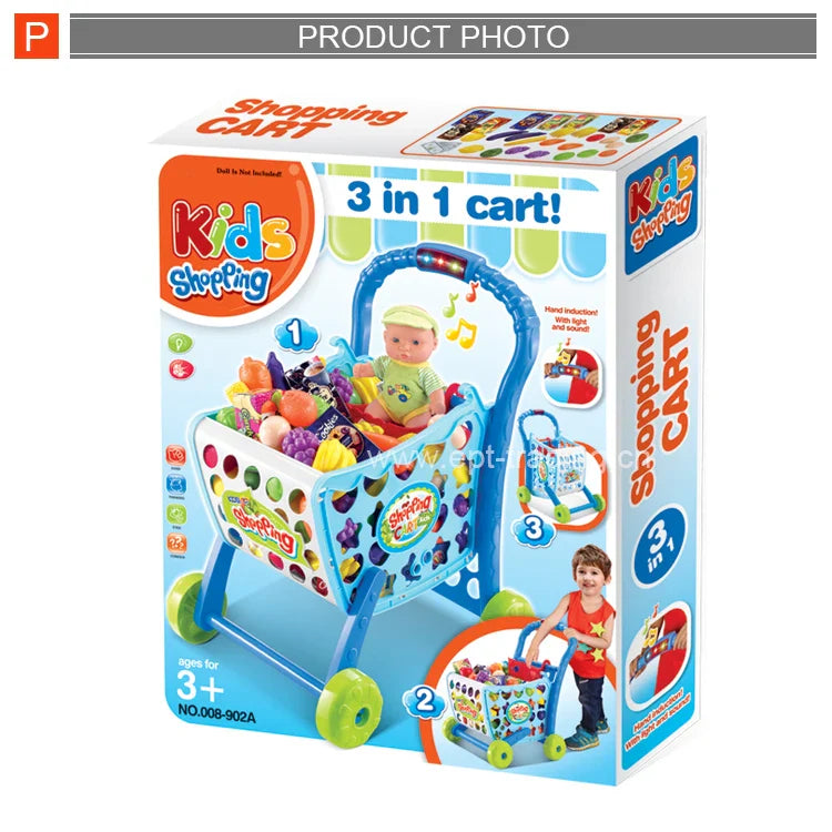 KTX-962259 Kids Shopping Cart Playset with Electronic Toy Cash Register - Supermarket Trolley for Pretend Play
