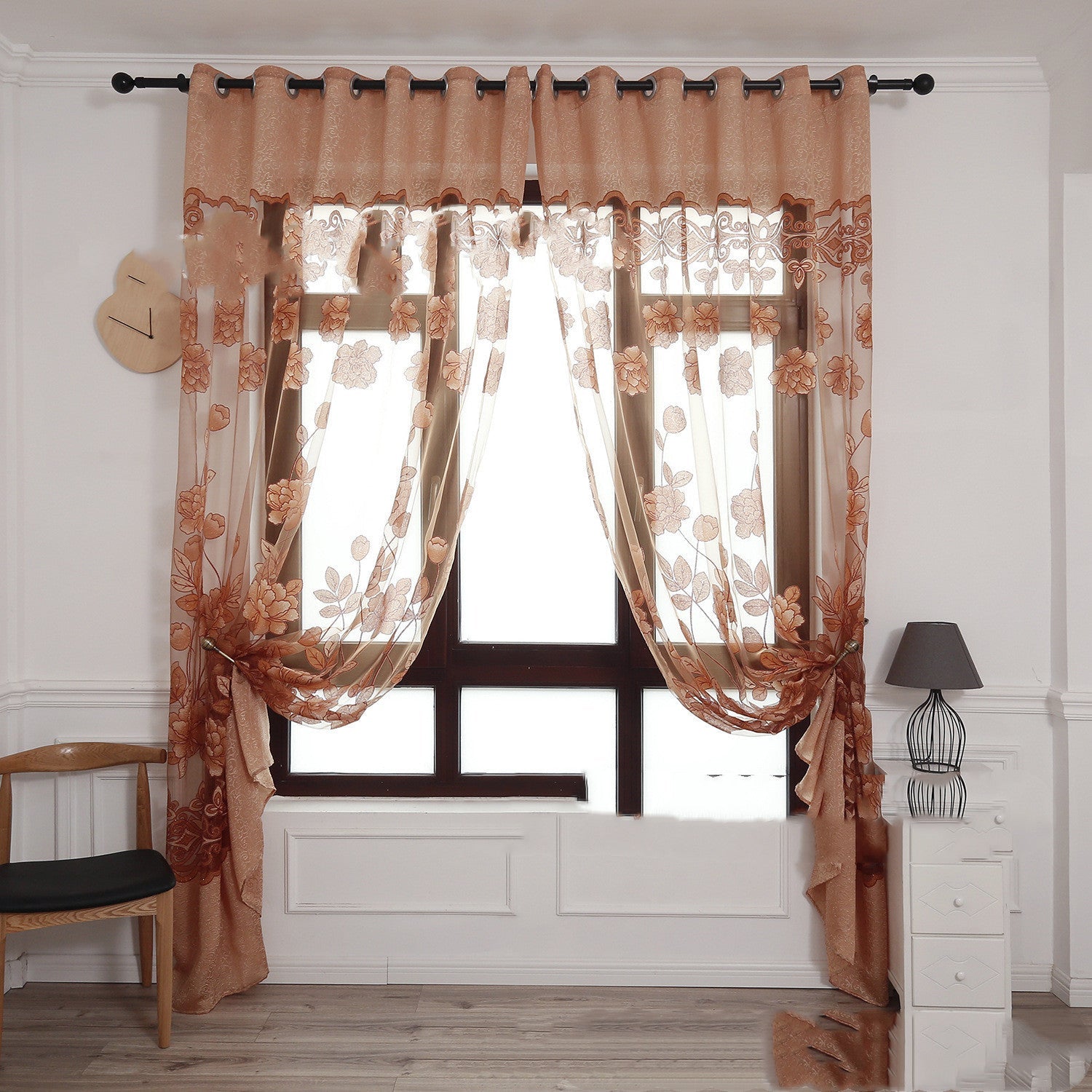 HKM-963283 Elegant Jacquard Burnt-Out Peony Window Curtain - Cotton & Polyester Blend, Light-Filtering Design