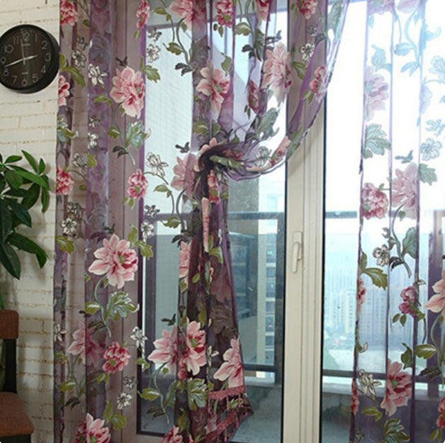 HKM-963283 Elegant Jacquard Burnt-Out Peony Window Curtain - Cotton & Polyester Blend, Light-Filtering Design