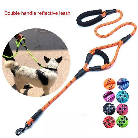 HKM-963923 Nylon Woven Reflective Double Handle Dog Leash with Hand Holding Rope