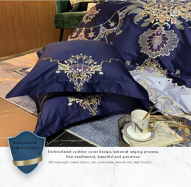HKM-964883 European Style Embroidered Flower Cotton Bedding Set - Four-Piece or Six-Piece Options