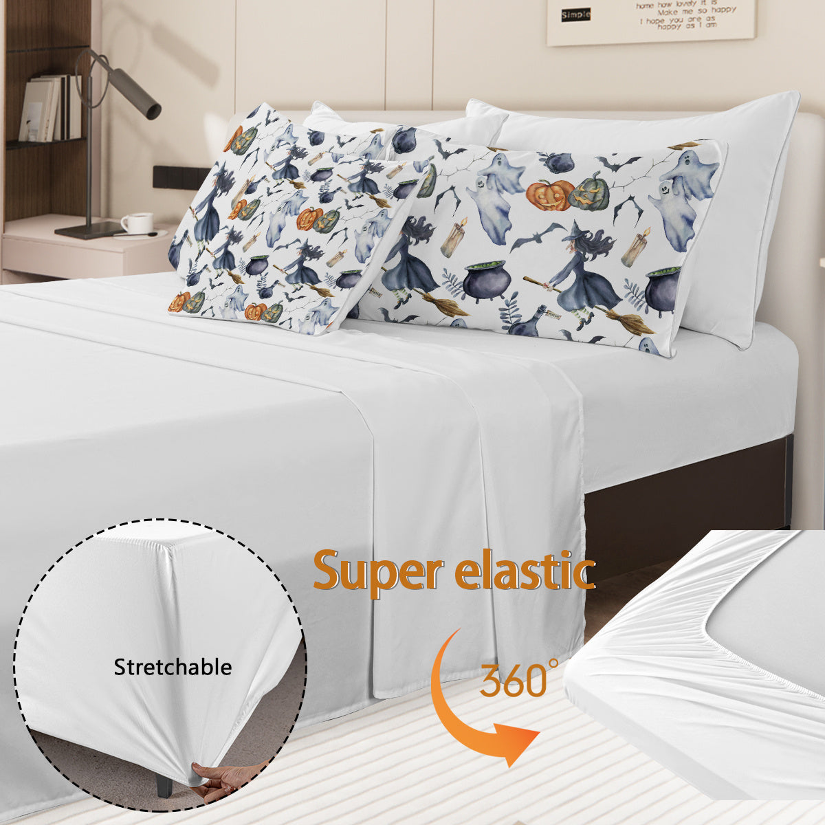 HKM-965203 Halloween Witch Pattern Comforter Set - 8-Piece Bed in a Bag with Comforter, Sheets, Pillow Shams, and Cushion Covers