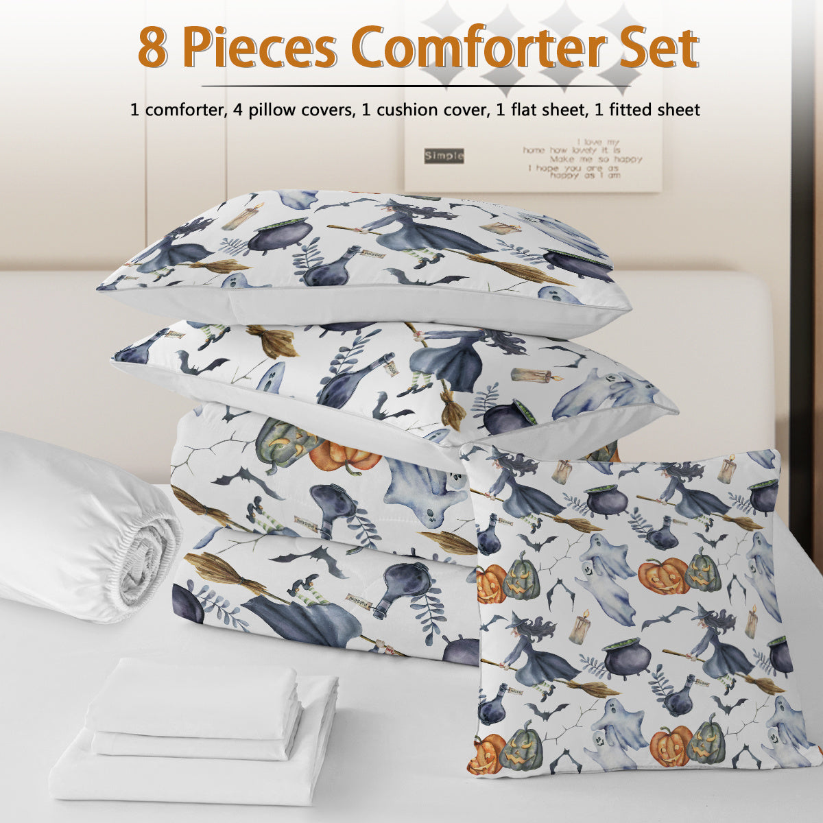 HKM-965203 Halloween Witch Pattern Comforter Set - 8-Piece Bed in a Bag with Comforter, Sheets, Pillow Shams, and Cushion Covers