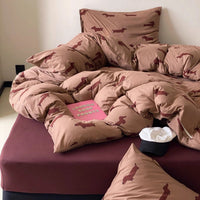 HKM-965715 Cotton Knitted Printed Four-Piece Bedding Set with Geometric, Floral, and Animal Patterns