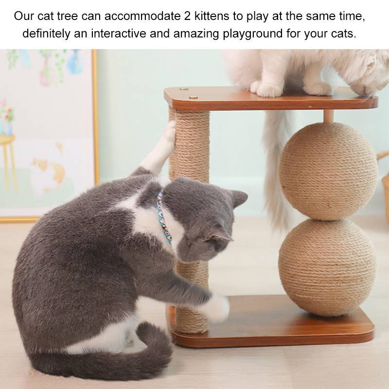 HKM-966035 Wooden Vertical Cat Scratching Post with Sisal Rope and Double Ball Features