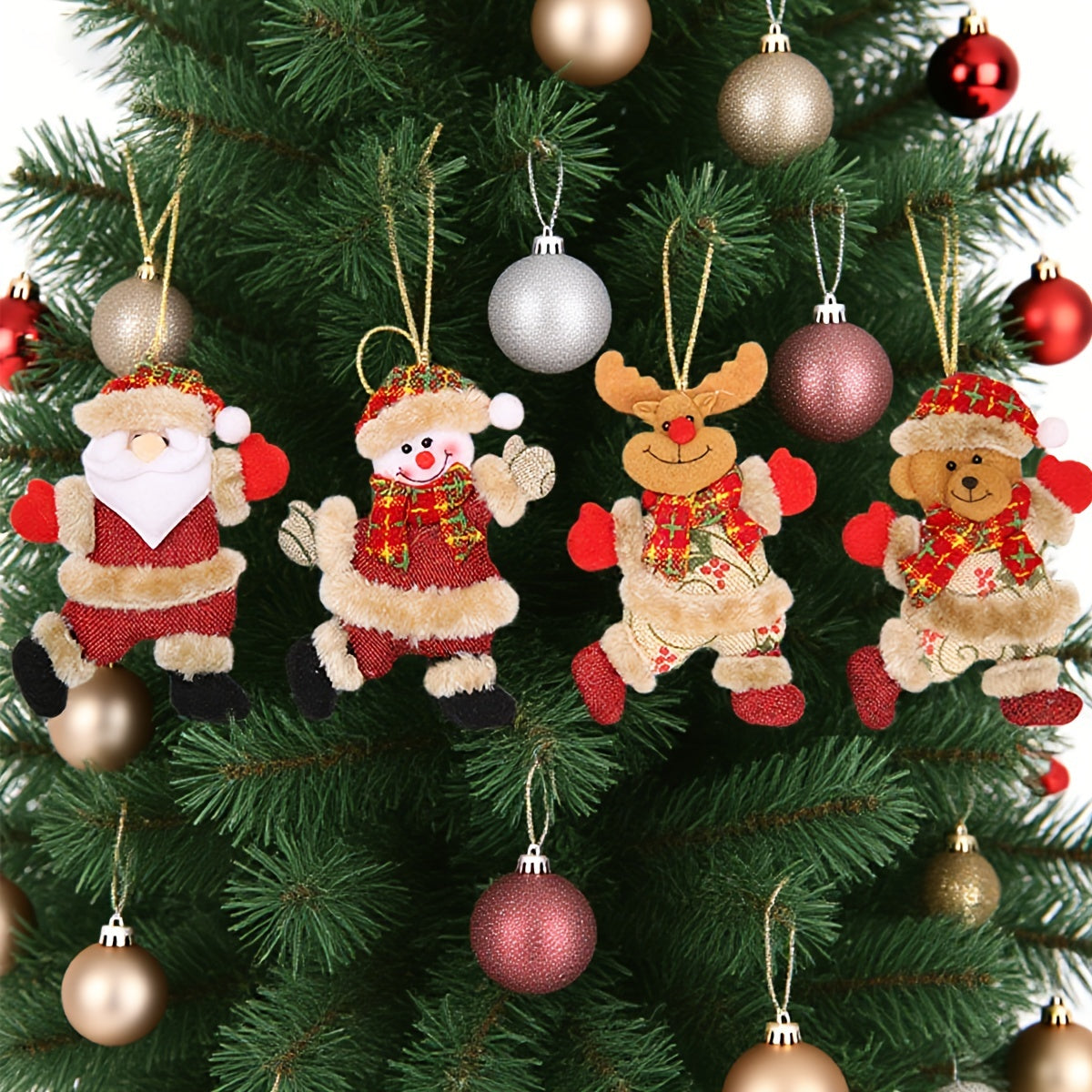 HKM-966163 Festive Holiday Tree Ornaments Set - Santa, Snowman, Reindeer, and Bear Figures with Scarves and Bows