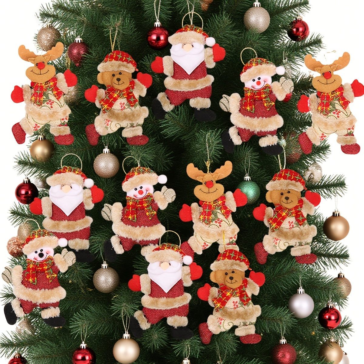 HKM-966163 Festive Holiday Tree Ornaments Set - Santa, Snowman, Reindeer, and Bear Figures with Scarves and Bows
