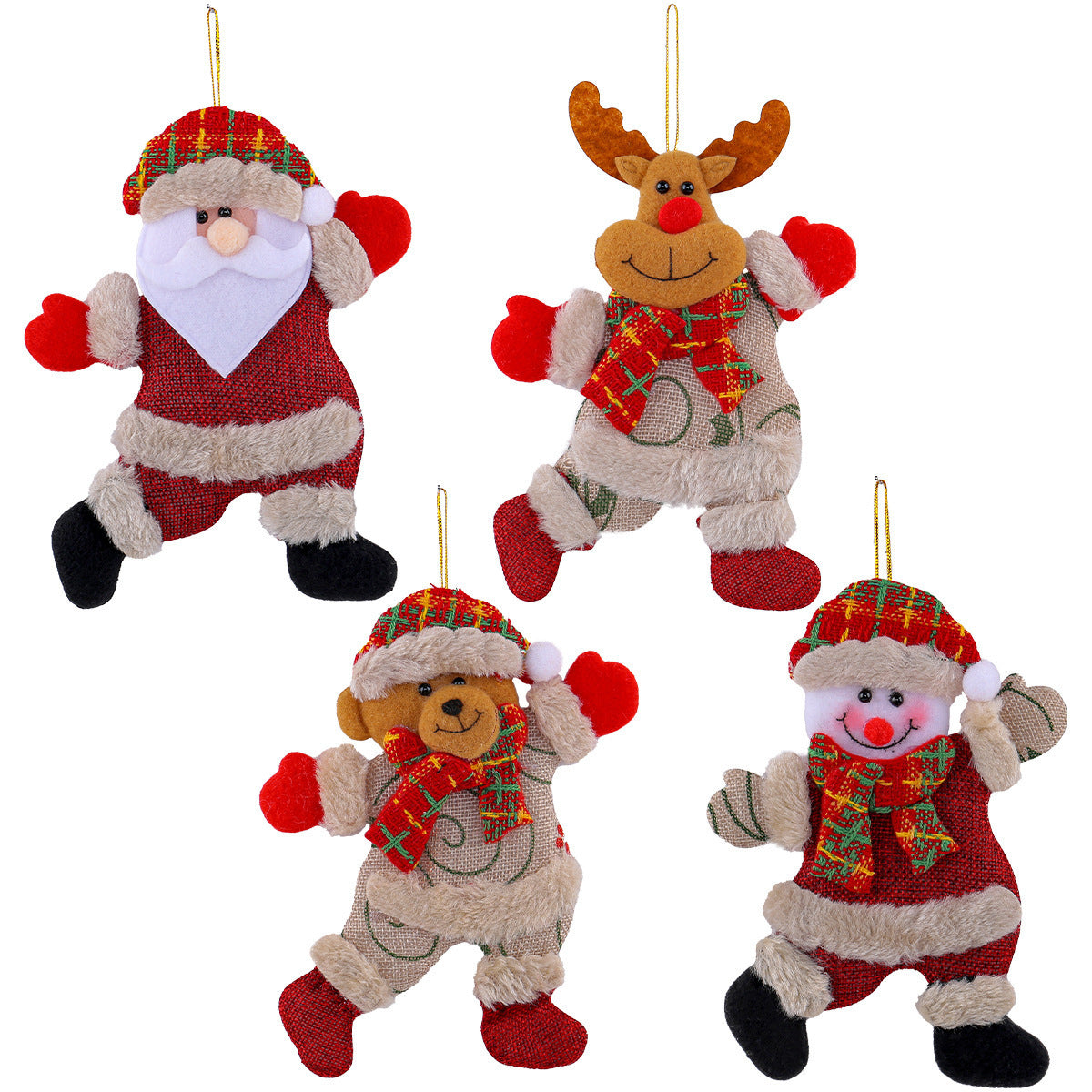HKM-966163 Festive Holiday Tree Ornaments Set - Santa, Snowman, Reindeer, and Bear Figures with Scarves and Bows