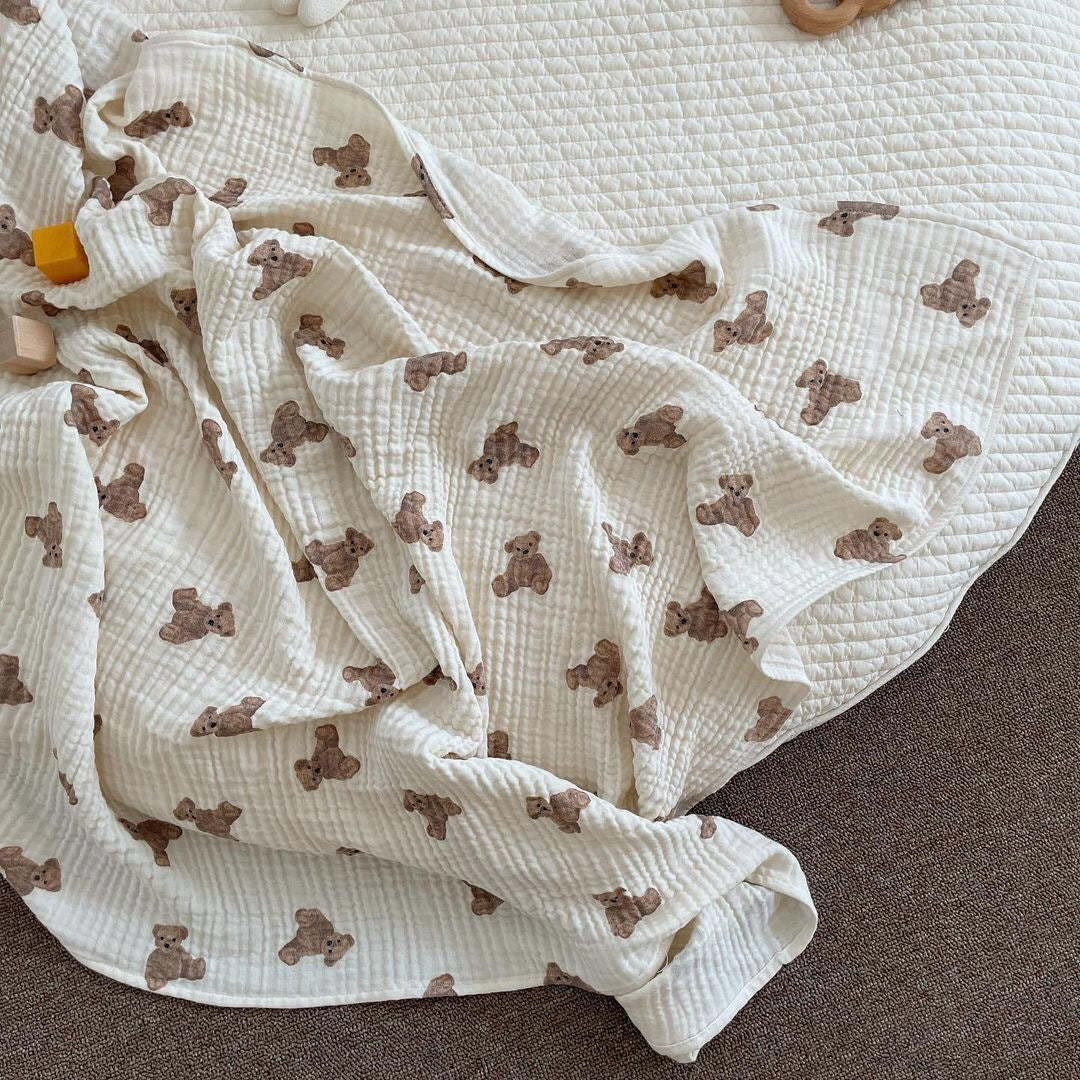HKM-966931 Double Layer Full Print Bear Blanket in Beige - Soft Cotton Gauze for Comfort and Style
