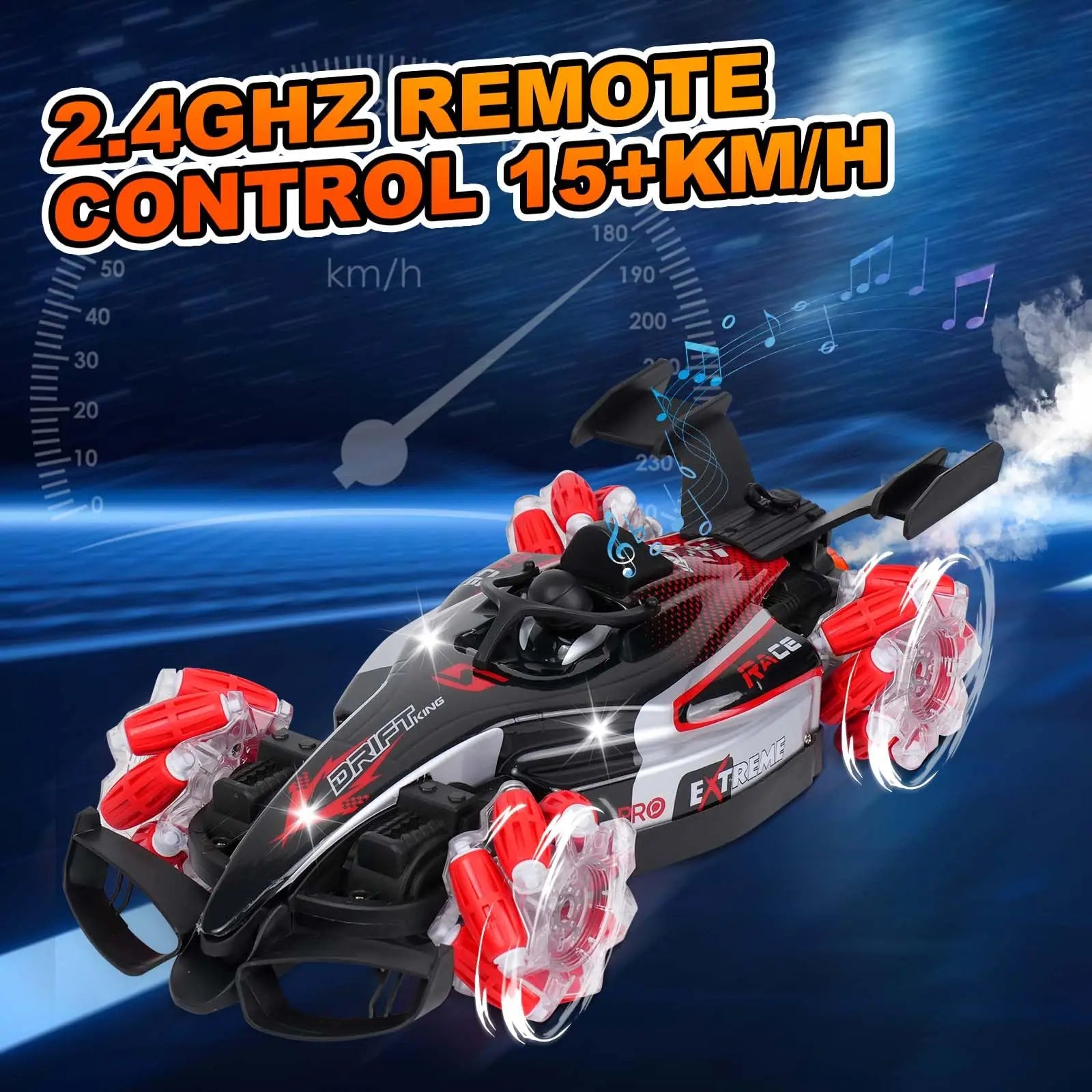 HKM-966995 1:12 Scale Remote Control Drift Car with 360 Rotation, Lights, Sound & Spray Function