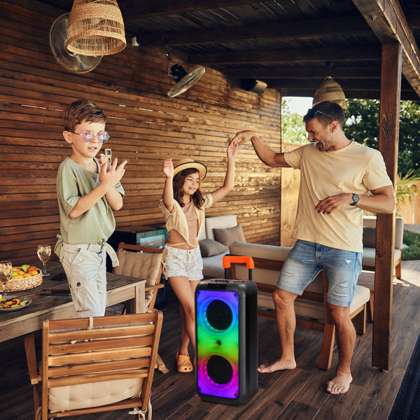 HKM-967379 40W Portable Trolley Speaker with Bluetooth, Wireless Microphones, and Adjustable Lighting Effects