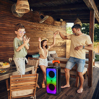 HKM-967379 40W Portable Trolley Speaker with Bluetooth, Wireless Microphones, and Adjustable Lighting Effects