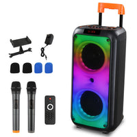 HKM-967379 40W Portable Trolley Speaker with Bluetooth, Wireless Microphones, and Adjustable Lighting Effects