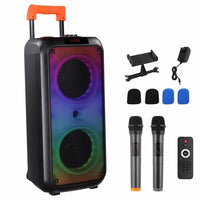 HKM-967379 40W Portable Trolley Speaker with Bluetooth, Wireless Microphones, and Adjustable Lighting Effects