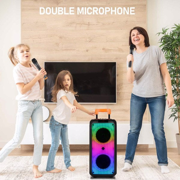HKM-967379 40W Portable Trolley Speaker with Bluetooth, Wireless Microphones, and Adjustable Lighting Effects