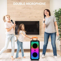 HKM-967379 40W Portable Trolley Speaker with Bluetooth, Wireless Microphones, and Adjustable Lighting Effects