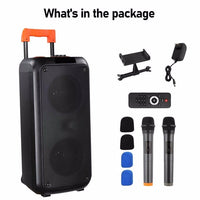 HKM-967379 40W Portable Trolley Speaker with Bluetooth, Wireless Microphones, and Adjustable Lighting Effects