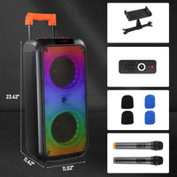 HKM-967379 40W Portable Trolley Speaker with Bluetooth, Wireless Microphones, and Adjustable Lighting Effects
