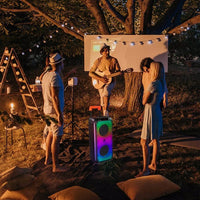 HKM-967379 40W Portable Trolley Speaker with Bluetooth, Wireless Microphones, and Adjustable Lighting Effects