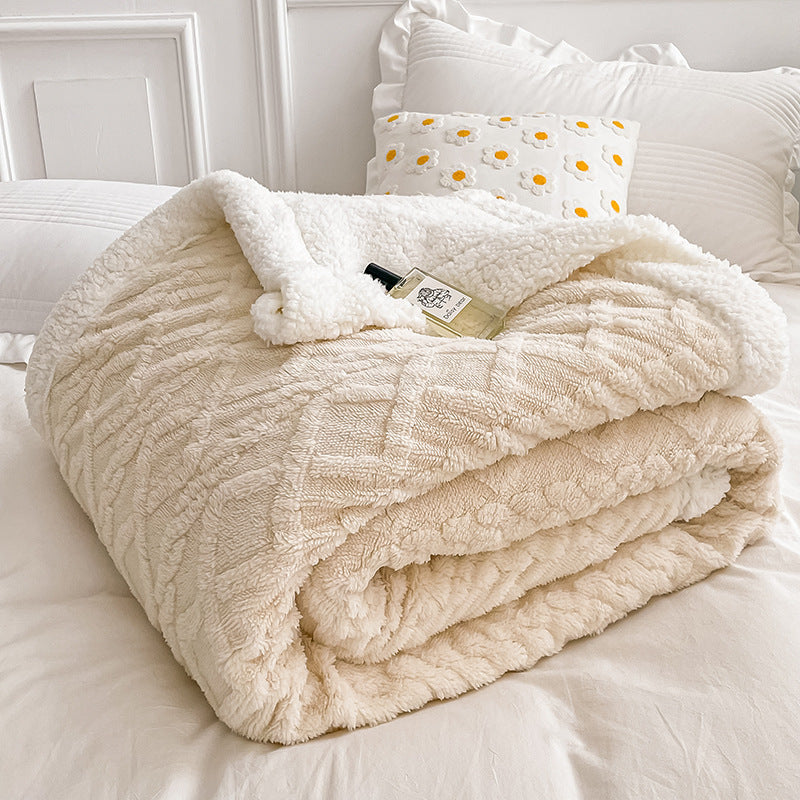 HKM-968339 Double Layer Lambswool Coral Fleece Blanket with Geometric Pattern - Multiple Sizes Available