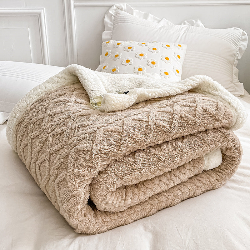 HKM-968339 Double Layer Lambswool Coral Fleece Blanket with Geometric Pattern - Multiple Sizes Available