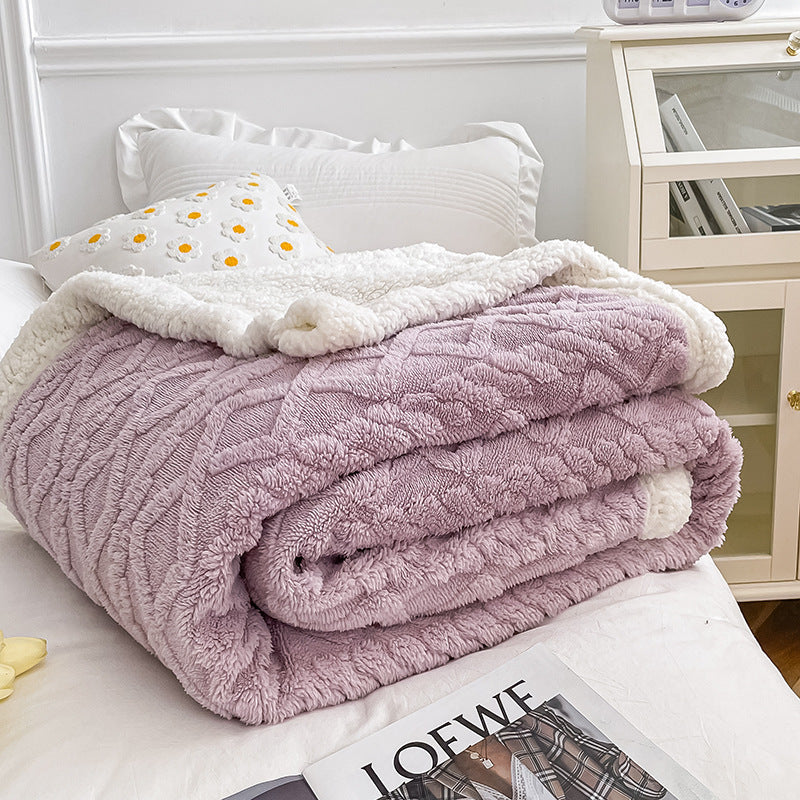HKM-968339 Double Layer Lambswool Coral Fleece Blanket with Geometric Pattern - Multiple Sizes Available