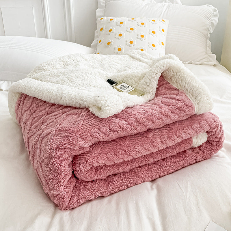 HKM-968339 Double Layer Lambswool Coral Fleece Blanket with Geometric Pattern - Multiple Sizes Available