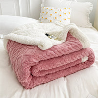 HKM-968339 Double Layer Lambswool Coral Fleece Blanket with Geometric Pattern - Multiple Sizes Available