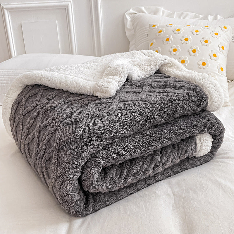 HKM-968339 Double Layer Lambswool Coral Fleece Blanket with Geometric Pattern - Multiple Sizes Available
