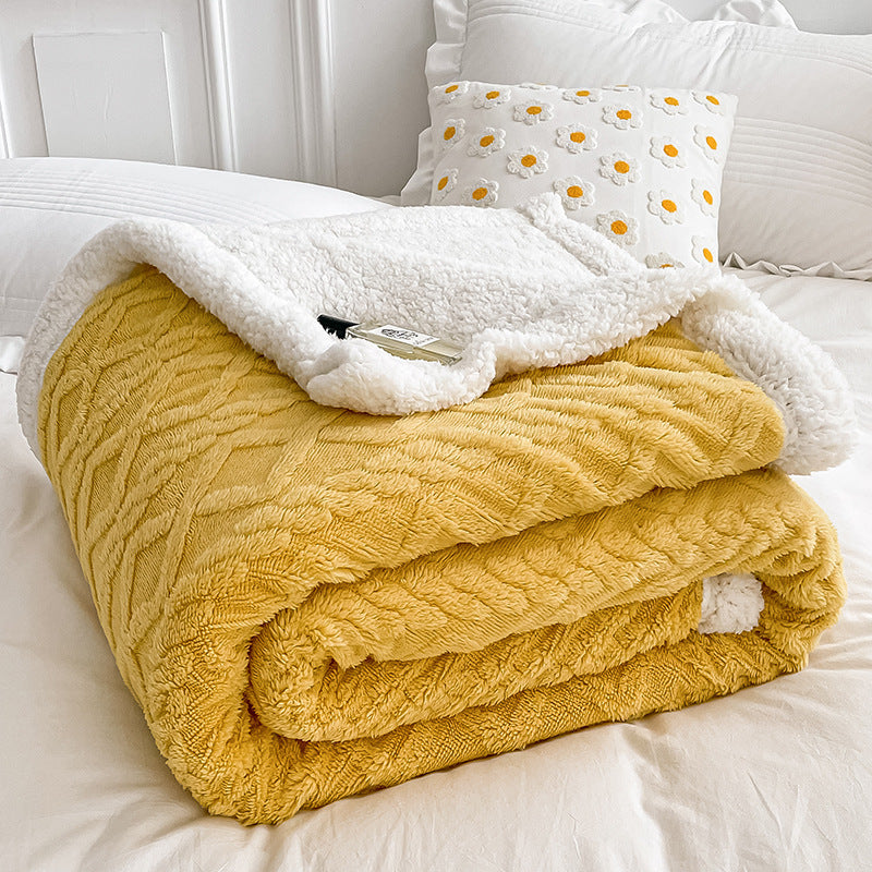HKM-968339 Double Layer Lambswool Coral Fleece Blanket with Geometric Pattern - Multiple Sizes Available