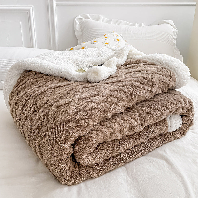 HKM-968339 Double Layer Lambswool Coral Fleece Blanket with Geometric Pattern - Multiple Sizes Available