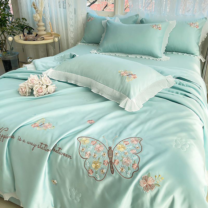 HKM-970323 Korean Ice Silk Summer Quilt Set with Embroidery Lace - Cool Fiber, Multiple Colors