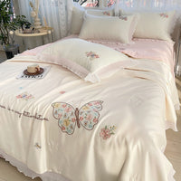 HKM-970323 Korean Ice Silk Summer Quilt Set with Embroidery Lace - Cool Fiber, Multiple Colors