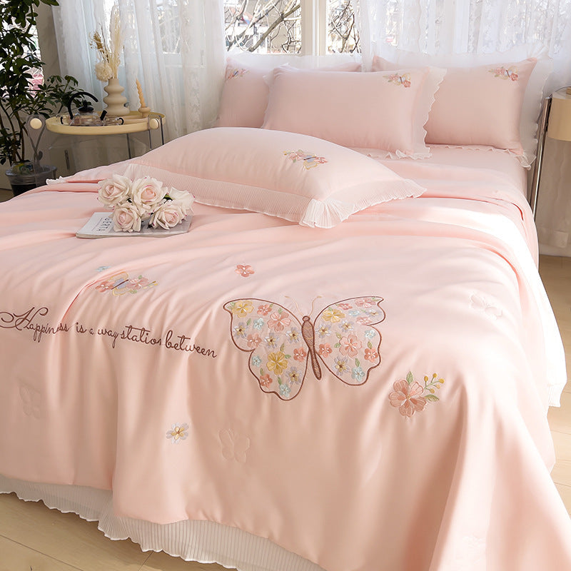 HKM-970323 Korean Ice Silk Summer Quilt Set with Embroidery Lace - Cool Fiber, Multiple Colors