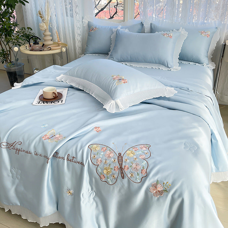 HKM-970323 Korean Ice Silk Summer Quilt Set with Embroidery Lace - Cool Fiber, Multiple Colors