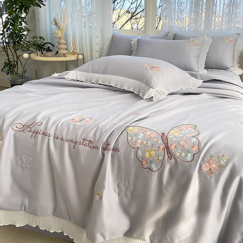HKM-970323 Korean Ice Silk Summer Quilt Set with Embroidery Lace - Cool Fiber, Multiple Colors